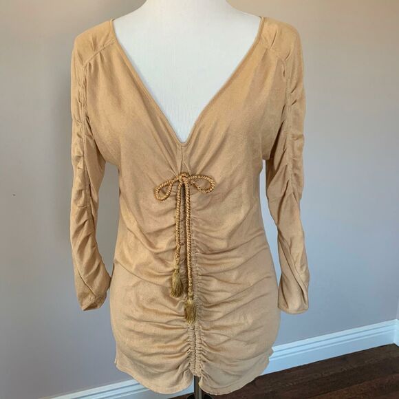 NWOT ALBERTA FERRETTI Fine Knit 3/4 Sleeve Beige Top SZ IT 48/US 10 - Picture 2 of 8